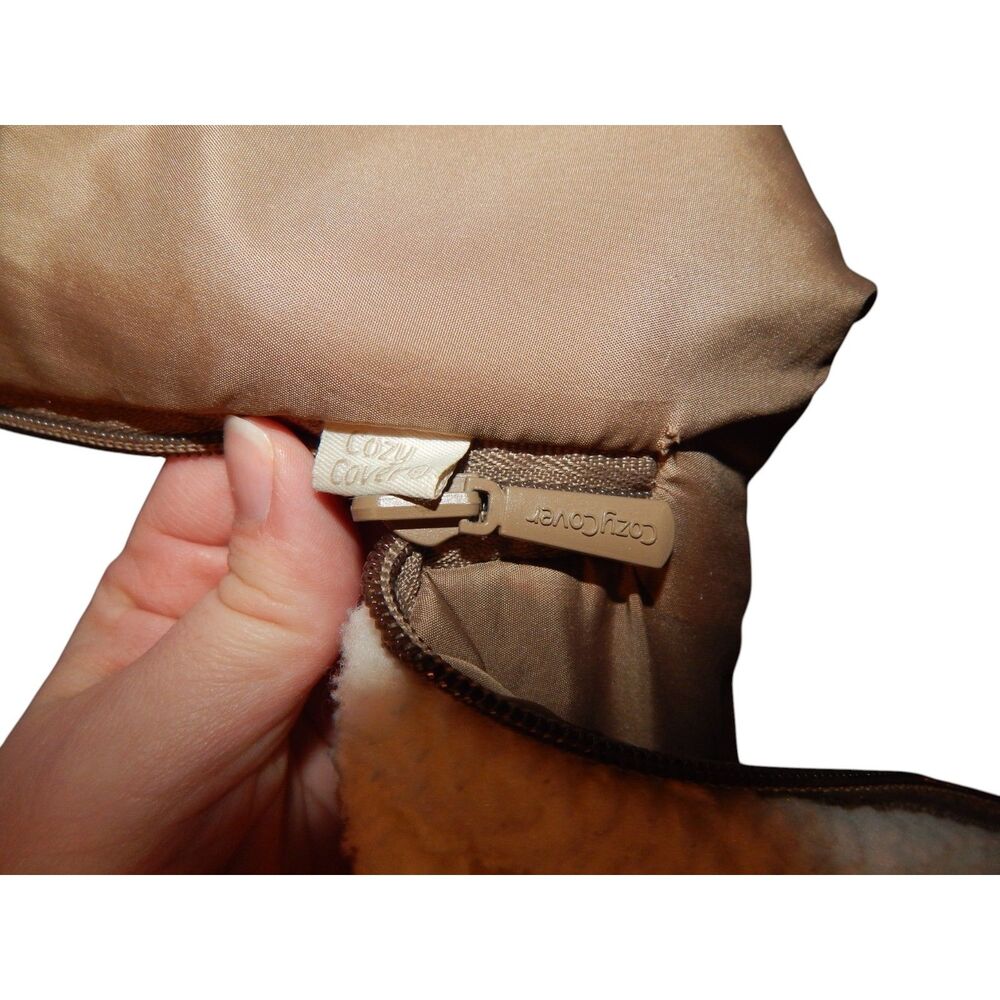 COZY COVER tan & cream insulated dual-zipper winter infant baby carseat cover - Picture 6 of 7